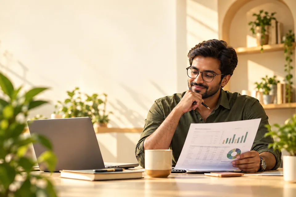 An accounting professional thoughtfully reviewing a chart beside a laptop.