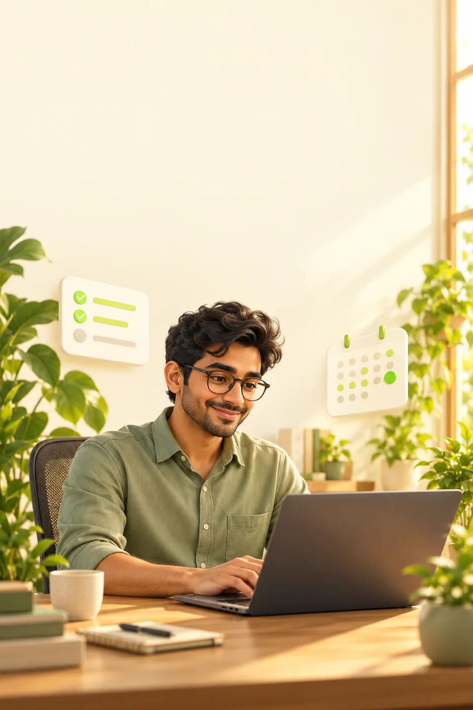 An accounting professional in a warm, plant-filled workspace.